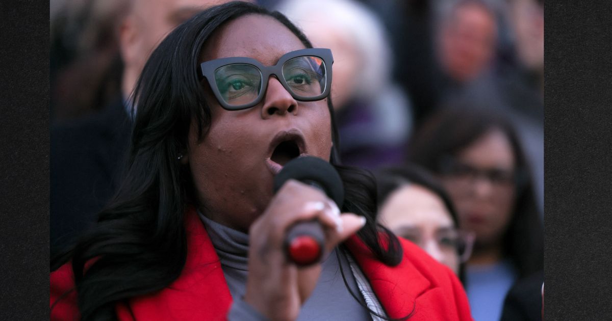 Rep. LaMonica McIver (D-NJ) speaks Tuesday during a Democrat rally at the U.S. Department of the Treasury against the Department of Government Efficiency's Elon Musk.