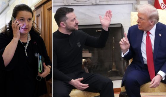 Oksana Markarova, Ukrainian Ambassador to the United States, seen in a September photo at left, was clearly unhappy when Ukranian President Volodymyr Zelenskyy, center, exchanged heated words with President Donald Trump Friday.