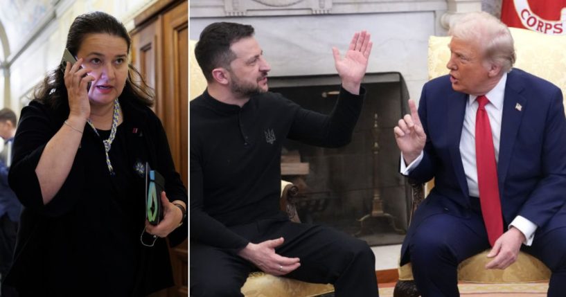 Oksana Markarova, Ukrainian Ambassador to the United States, seen in a September photo at left, was clearly unhappy when Ukranian President Volodymyr Zelenskyy, center, exchanged heated words with President Donald Trump Friday.