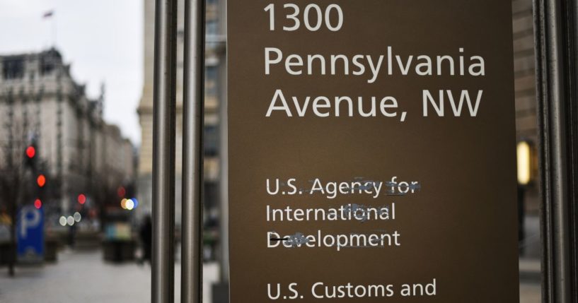 A sign sits out front at the Washington headquarters of the United States Agency for International Development (USAID) on Feb. 8, 2025.