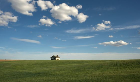 A house sitting in a large field of grass next to a crop.