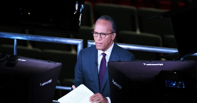 NBC personality Lester Holt speaking to camera just before the third debate between Hillary Clinton and Donald Trump in Las Vegas, Nevada, on Oct. 19, 2016.