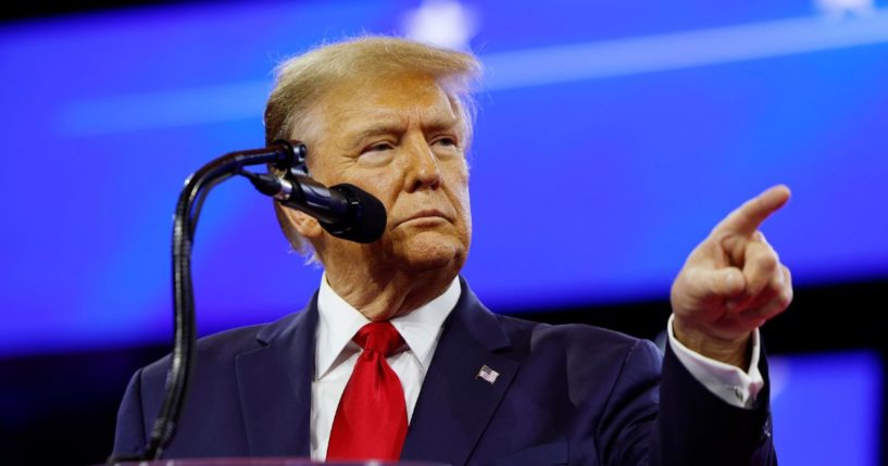 President Donald Trump points into the crowd as he speaks at the Conservative Political Action Conference (CPAC) in National Harbor, Maryland, on Feb. 24, 2024.