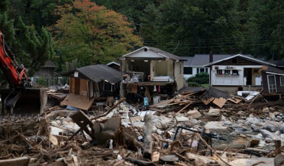 Damaged and destroyed buildings sit in Chimney Rock, North Carolina, after Hurricane Helene on Oct. 2, 2024.