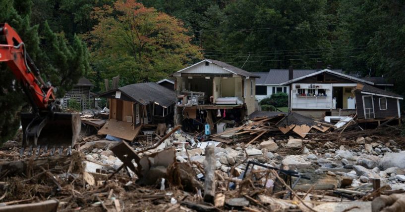 Damaged and destroyed buildings sit in Chimney Rock, North Carolina, after Hurricane Helene on Oct. 2, 2024.