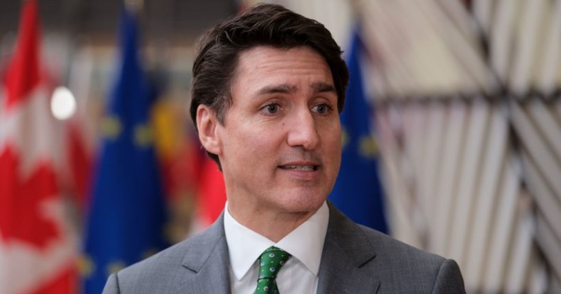 Prime Minister of Canada Justin Trudeau speaks to journalists in Brussels, Belgium, on Feb. 12, 2025.