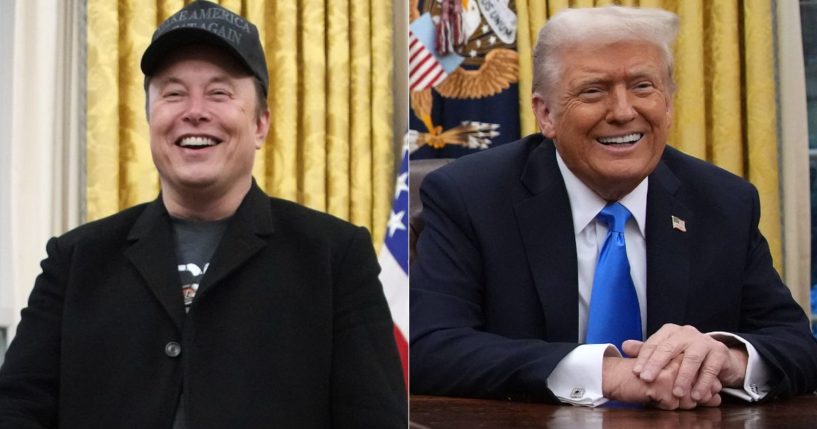 Elon Musk, left, and President Donald Trump, right, speak to reporters in the Oval Office at the White House in Washington, D.C., on Feb. 11.