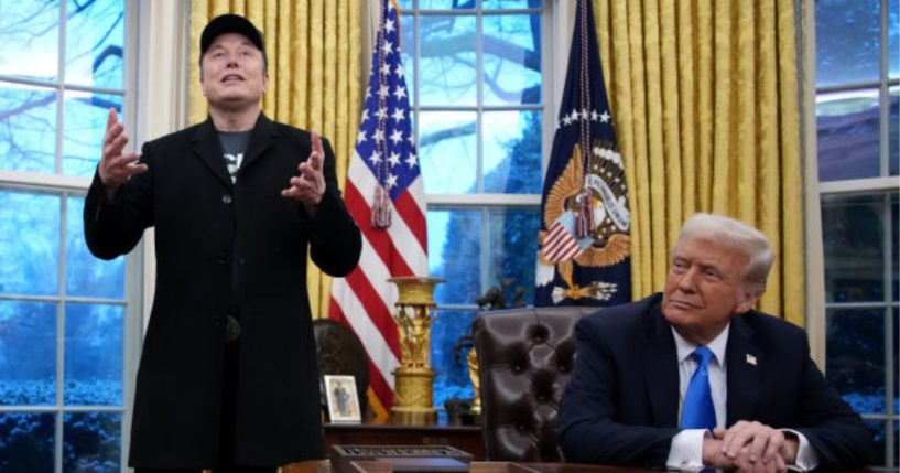 Department of Government Efficiency chief Elon Musk, left, said he would discuss with President Donald Trump whether a portion of the financial cuts his team discovers can be refunded to taxpayers in the form of a DOGE dividend.