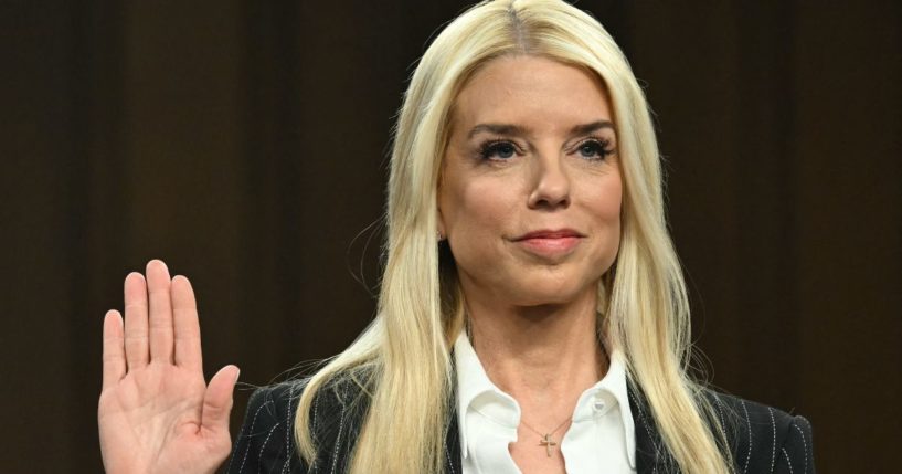 Former Florida Attorney General Pam Bondi is sworn in during a Senate Judiciary Committee hearing on her nomination to be U.S. Attorney General on Capitol Hill in Washington, D.C., on Jan. 15.