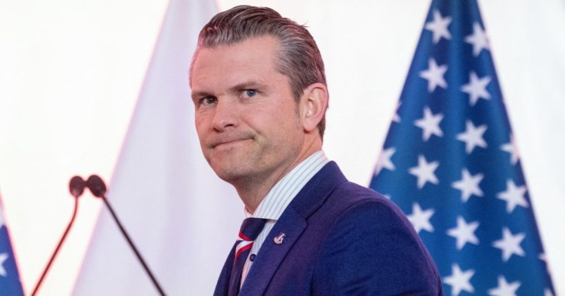 Secretary of Defense Pete Hegseth arrives for a join news conference with Poland's Defence Minister Wladyslaw Kosiniak-Kamysz at the Ministry of Defence headquarters in Warsaw, Poland, on Friday. (Wojtek Radwanski - AFP / Getty Images)