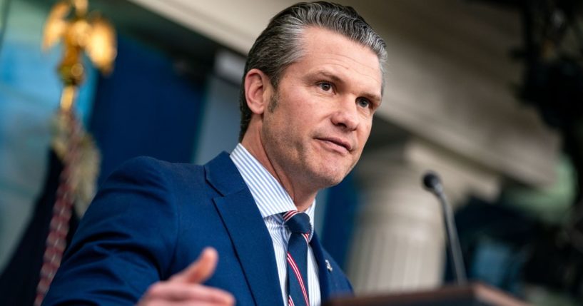 Secretary of Defense Pete Hegseth delivers remarks in the Brady Press briefing room of the White House in Washington, D.C., on Thursday.