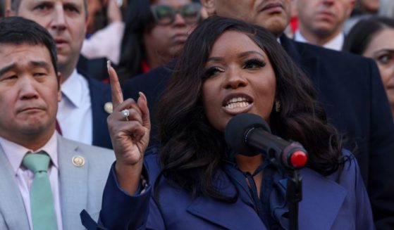 U.S. Rep. Jasmine Crockett (D-TX) speaks during the We Choose To Fight: Nobody Elected Elon Rally at the U.S. Department Of The Treasury on February 04, 2025 in Washington, DC.