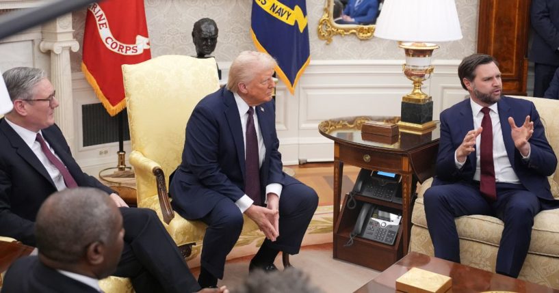 President Donald Trump, center, called on Vice President J.D. Vance, right, to elaborate for British Prime Minister Keir Starmer, left, on Vance's remarks about U.K. restrictions on free speech Thursday during a meeting in the Oval Office at the White House.