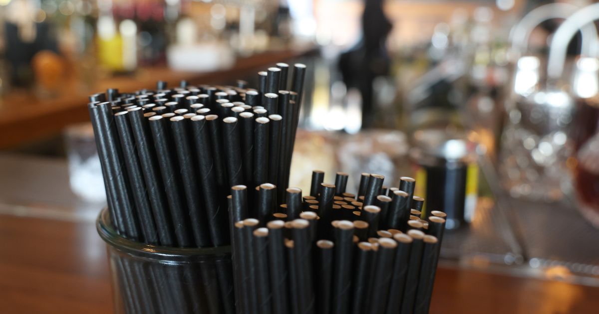 Paper straws sit in a container on the bar at Laurel Tavern on February 7, 2025, in Studio City, California.