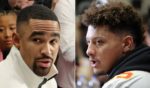 Super Bowl quarterbacks Jalen Hurts, left, of the Philadelphia Eagles, and Patrick Mahomes, right, of the Kansas City Chiefs speak with reporters during a news conference Tuesday in New Orleans, Louisiana.