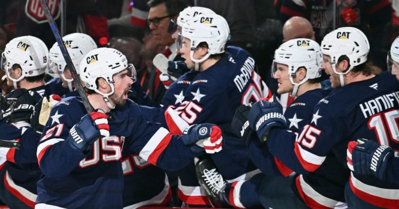 Dylan Larkin, left, of Team USA celebrates his goal against Team Canada at 13:33 of the second period in the 4 Nations Face-Off game in Montreal, Quebec, Canada, on Saturday.