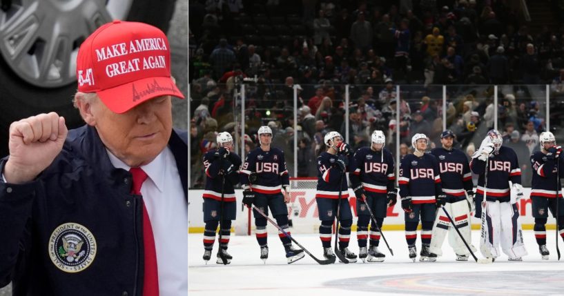 President Donald Trump, left, took to Truth Social on Thursday to weigh-in on the 4 Nations Face-Off championship game between the United State hockey team, right, and Canada.