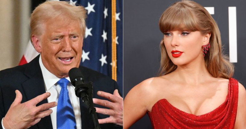 On Sunday night, President Donald Trump, left, took to social media to give his take on Taylor Swift, right, being booed at the Super Bowl in New Orleans.