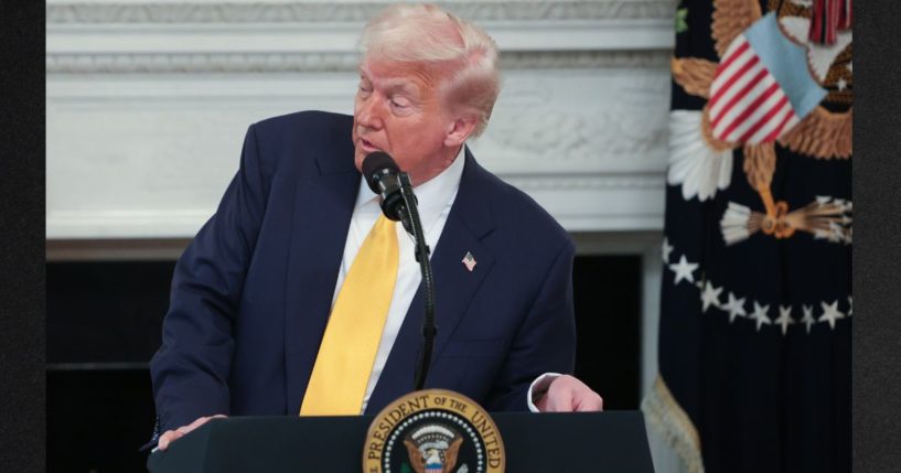 President Donald Trump addresses Gov. Janet Mills, a Democrat from Maine, over the issue of men participating in women's sports as Trump addressed a meeting of governors Friday at the White House.