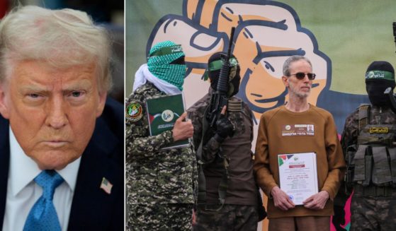 President Donald Trump, left, had a message for Palestinian Hamas fighters, right, seen escorting Ohad Ben Ami on a stage before handing him over to a Red Cross team in central Gaza Saturday as part of the fifth hostage-prisoner exchange of a fragile ceasefire.