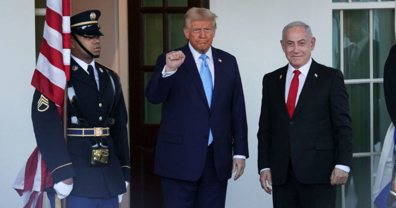 President Donald Trump greets Israeli Prime Minister Benjamin Netanyahu at the White House in Washington, D.C., Tuesday.