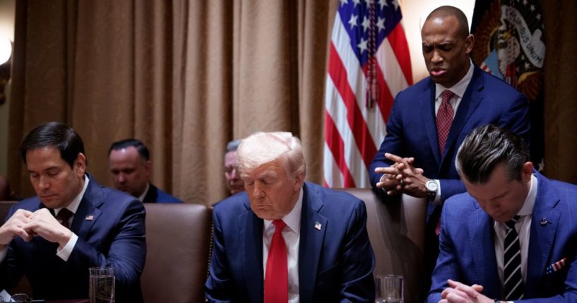 Secretary of Housing and Urban Development Scott Turner leads a prayer during a Cabinet meeting at the White House on Feb. 26, 2025, in Washington, D.C.