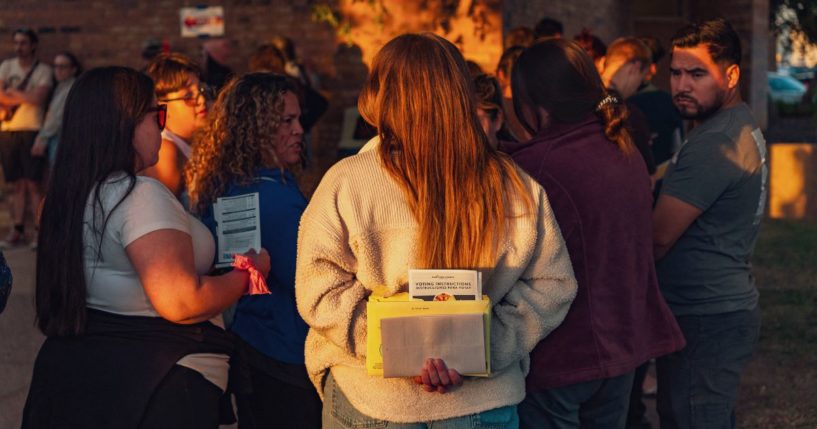 Voters line up to vote in person at the Fowler School polling station in Tempe, Arizona, on Election Day, Nov. 5.