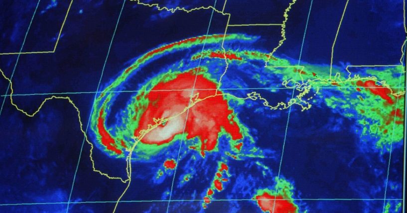 A radar image of Hurricane Claudette is seen as it nears landfall in Texas at the National Hurricane Center July 15, 2003 in Miami.