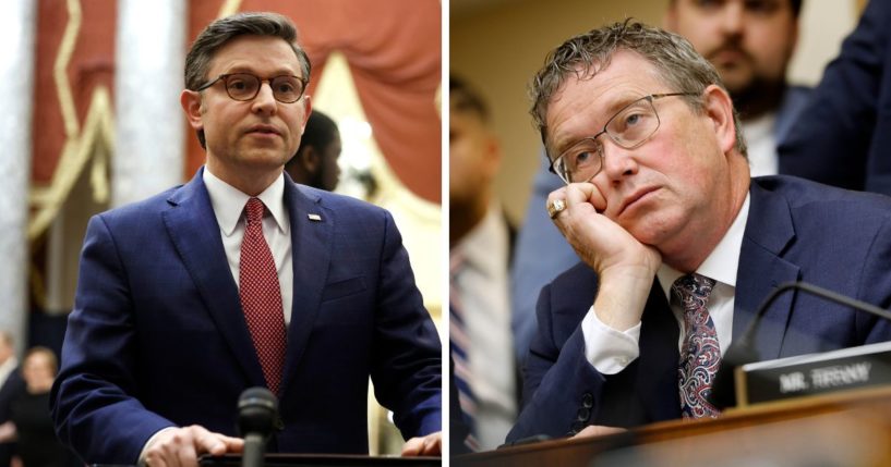 (L) U.S. Speaker of the House Mike Johnson (R-LA) speaks with reporters in Statuary Hall after meeting with Rep. Marjorie Taylor Greene (R-GA) and Rep. Thomas Massie (R-KY) in the U.S. Capitol Building on May 6, 2024 in Washington, DC. (R) House Judiciary Committee member Rep. Thomas Massie (R-KY) listen to U.S. Attorney General Merrick Garland testify before the committee in the Rayburn House Office Building on Capitol Hill on June 4, 2024 in Washington, DC.