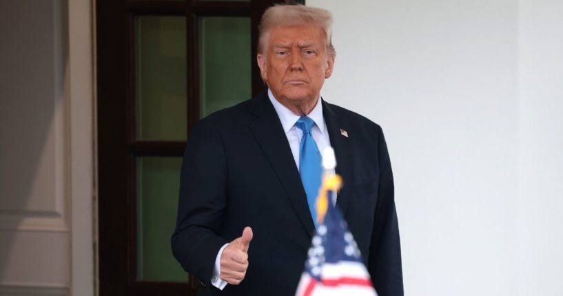 U.S. President Donald Trump gives a thumbs-up as Jordan’s King Abdullah II departs the White House on February 11, 2025 in Washington, DC.