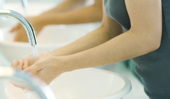 This stock image depicts two women washing their hands in a public restroom.