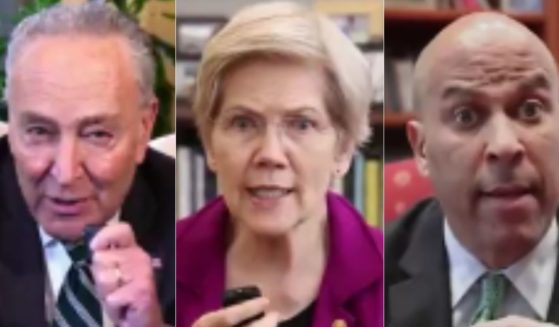 Sens. Chuck Schumer, left; Elizabeth Warren, center; and Cory Booker, right, released attack videos against President Donald Trump around the same time on social media, and it didn't take long for people to notice some similarities.