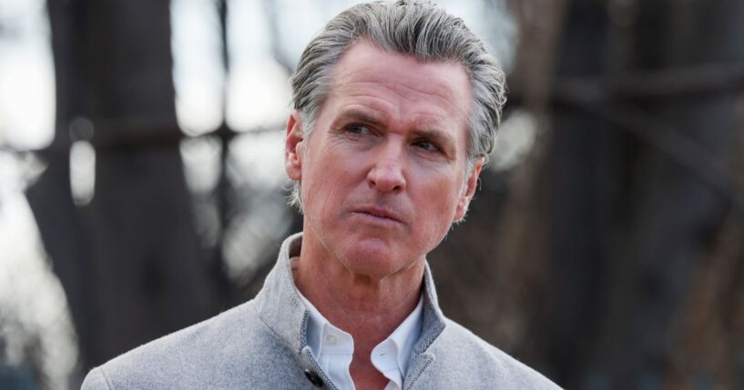 Gov. Gavin Newsom attends a news conference at Odyssey Charter School as work begins to remove debris from the Eaton Fire in Altadena, California, on Feb. 11.