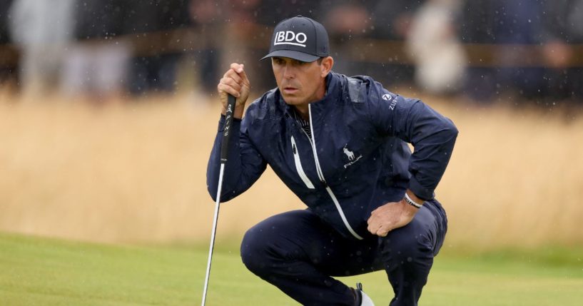 Billy Horschel lines up a putt on the second green during day three of The 152nd Open championship at Royal Troon on July 20, 2024, in Troon, Scotland.