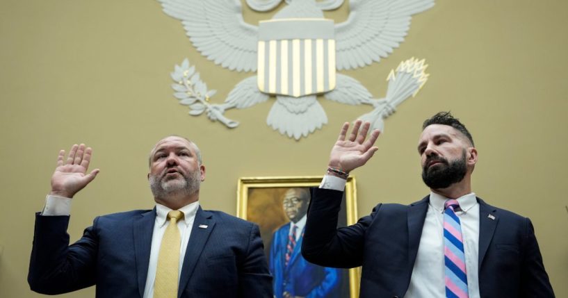 Supervisory IRS Special Agent Gary Shapley and IRS Criminal Investigator Joseph Ziegler are sworn in during a House Oversight Committee hearing related to the Justice Department's investigation of Hunter Biden, on July 19, 2023, in Washington, D.C.