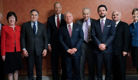 Sen. Jeanne Shaheen, right, poses with other members of the Senate and King Abdullah II of Jordan, center, and his son Crown Prince Hussein bin Abdullah, third from right, at the U.S. Capitol in Washington, D.C., on Feb. 11.