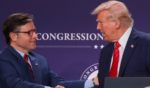 President Donald Trump, right, shakes hands with House Speaker Mike Johnson, left, after addressing the 2025 Republican Issues Conference in Doral, Florida, on Jan. 27.