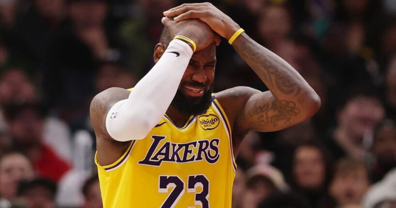 LeBron James of the Los Angeles Lakers reacts against the Chicago Bulls during the second half in Chicago, Illinois, on Thursday.