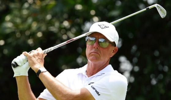 Phil Mickelson of HyFlyers GC in action during day one of the LIV Golf Invitational - Singapore at Sentosa Golf Club on April 28, 2023, in Singapore.