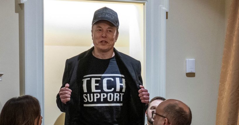 Leader of the Department of Government Efficiency Elon Musk wears a shirt that says "Tech Support" as he speaks during the first Cabinet meeting of President Donald Trump's second term at the White House on Feb. 26, 2025.