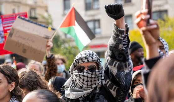 Students participate in a protest in support of Palestine outside of the Columbia University campus on Nov. 15, 2023, in New York City.