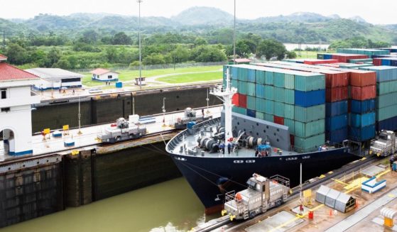 A container ship traverses the Panama Canal.