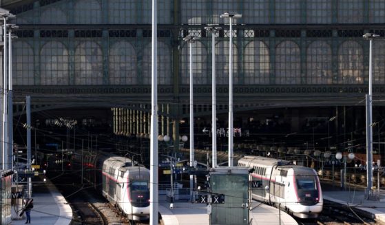 This photograph shows France's intercity high-speed rail service TGV parked at platforms as traffic has been stopped at the Gare du Nord station in Paris on March 7, 2025, following the discovery of a World War II bomb.