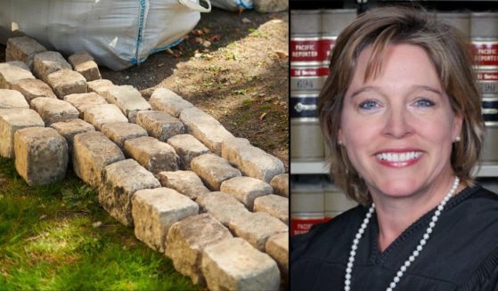 Composite image of Judge Dana Simonds and landscaping rocks, not unlike the one a criminal used to bash a sexual assault victim before being given probation by Simonds.