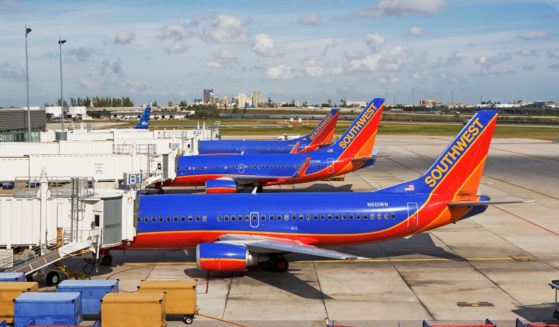 Southwest airplanes are docked at the airport in Palm Beach.