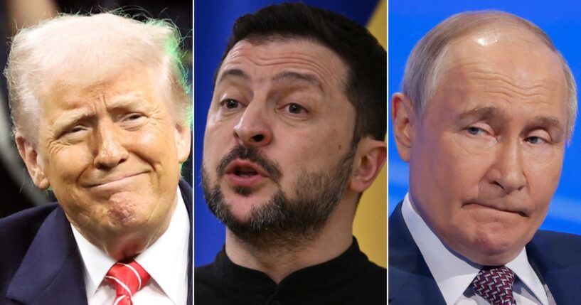 Representatives of President Donald Trump, left, Ukraine President Volodymyr Zelenskyy, center, and Russian President Vladimir Putin have reportedly hammered out a partial ceasefire between Ukraine and Russia.