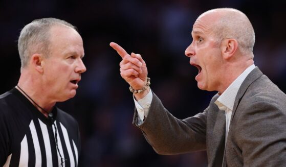 Head coach Dan Hurley of the Connecticut Huskies reacts to a referee on March 13 in the first half of a quarterfinal game against the Villanova Wildcats during the Big East Men's Basketball Tournament at Madison Square Garden in New York City.