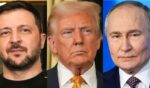 President Donald Trump, center, spoke out against Ukrainian President Volodymyr Zelenskyy, left, and Russian President Vladimir Putin, right, over the weekend, chastising the leaders for not resolving the war in Ukraine.