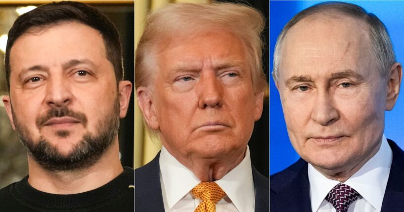 President Donald Trump, center, spoke out against Ukrainian President Volodymyr Zelenskyy, left, and Russian President Vladimir Putin, right, over the weekend, chastising the leaders for not resolving the war in Ukraine.