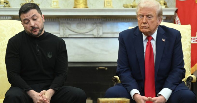 Ukrainian President Volodymyr Zelensky, left, meets with President Donald Trump, right, in the Oval Office at the White House in Washington, D.C., on Friday.